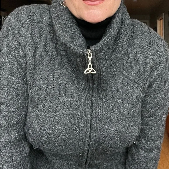 Aran Crafts Irish Merino Wool Cable Knit Coat - size Medium, Charcoal Grey. - Picture 5 of 10